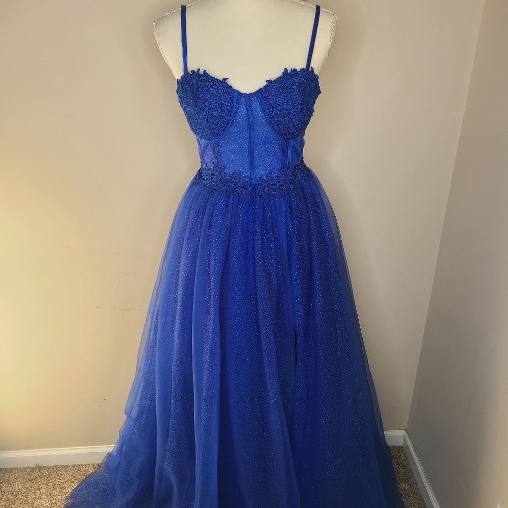 Hebeos Blue‎ Sparkly Corset Layered Tulle A-line Princess Prom Evening Dress